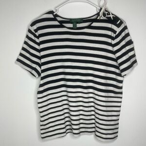 Lauren Ralph Lauren Black and White Striped Cotton Tee size Large